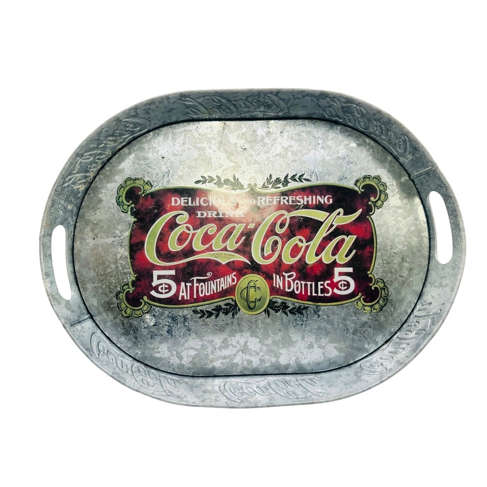 Coca-Cola Galvanized Metal Serving Tray Vintage Style 5 Cent Oval Tin 2001